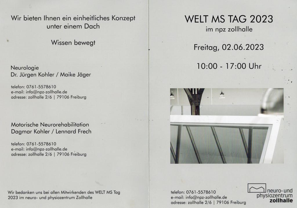 Flyer Welt MS Tag Vorne Flyer des Welt MS Tages im Neuro- und Physiozentrum Zollhalle, Vorderseite